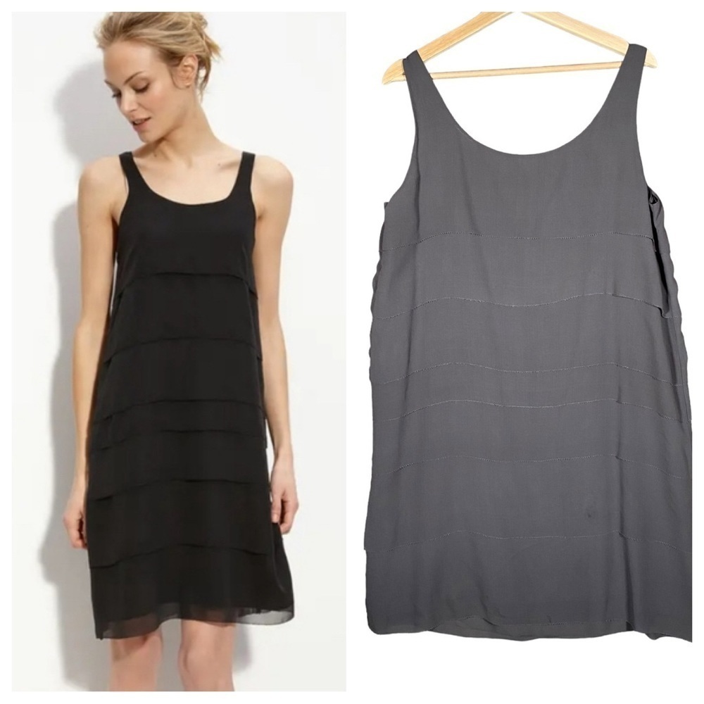 Eileen Fisher 100% Silk Dress Womens M Sheer Georgette Tiered Layered Shift Grey